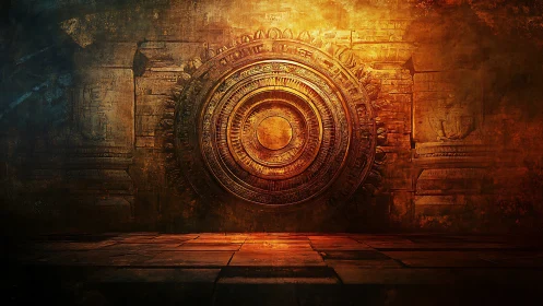 Ancient sun disk carved into glowing temple wall.