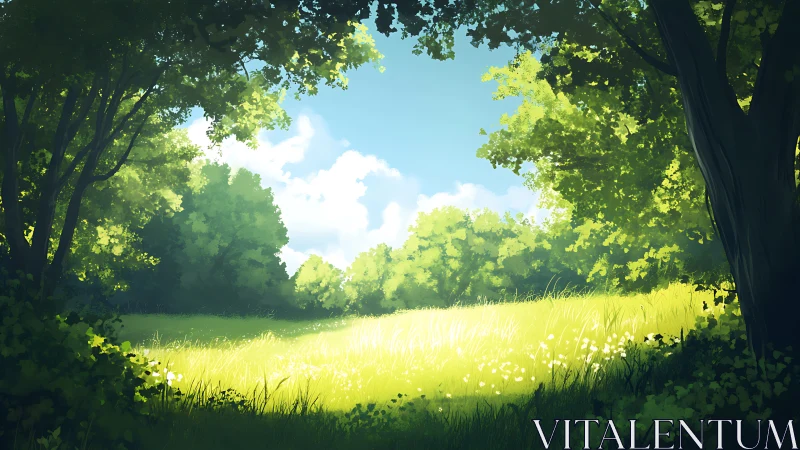 Sunlit forest clearing opens beneath vivid summer sky