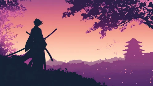 Samurai silhouette stands under cherry tree at sunset