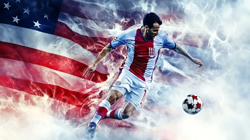 Electric soccer kick in swirling red, white, and blue storm.