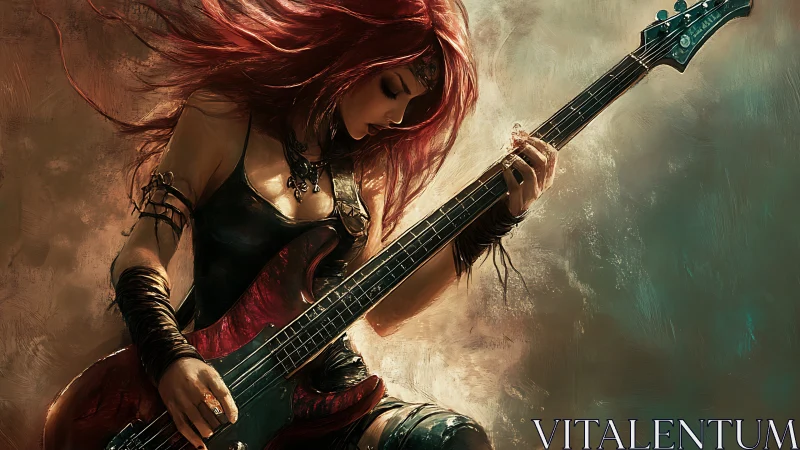 Fiery red haired rock bassist in dynamic digital painting.