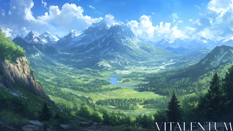 Snowcapped mountain range overlooks wide green river valley