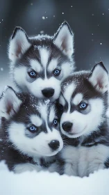 Three husky puppies in snow with close grouped pose.