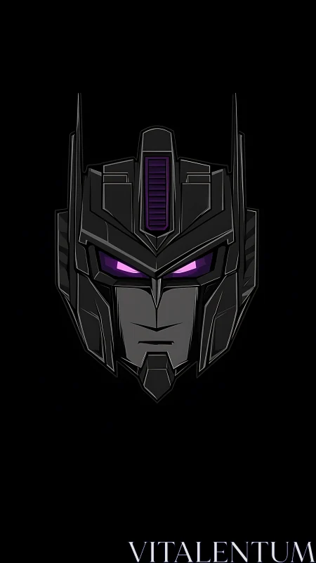 Midnight robot warrior gazes out with calm purple light