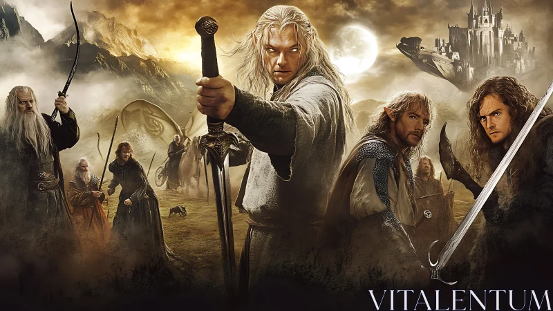 Fantasy warriors stand armed before mountains and fortress