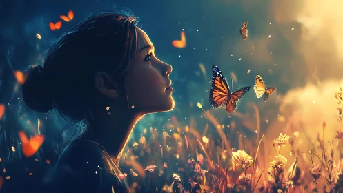 Backlit profile of girl in meadow with luminous monarch butterflies