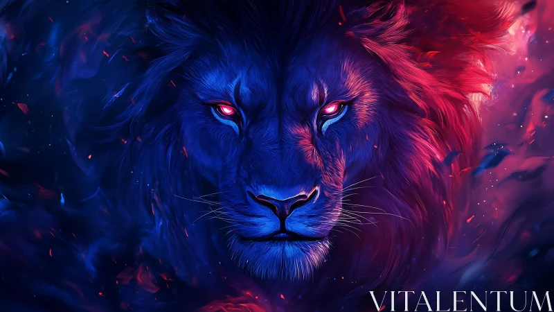 Neon bicolor lion portrait with luminous magenta mane.