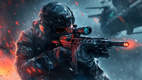 Frostbitten marksman steadies red‑lit rifle in ember storm