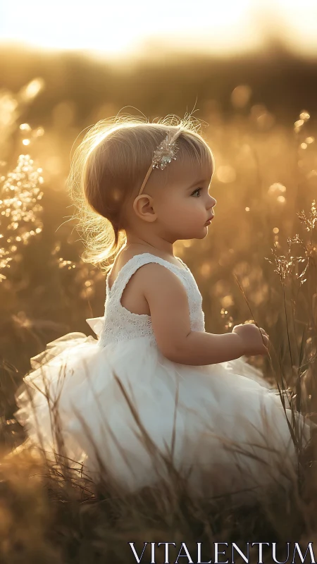 Young girl in white dress stands gracefully in golden sunset field.