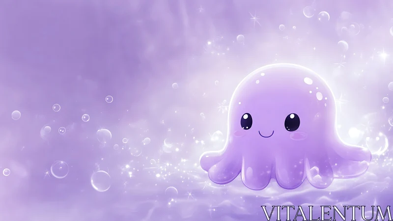 Purple cartoon octopus against soft glowing background.