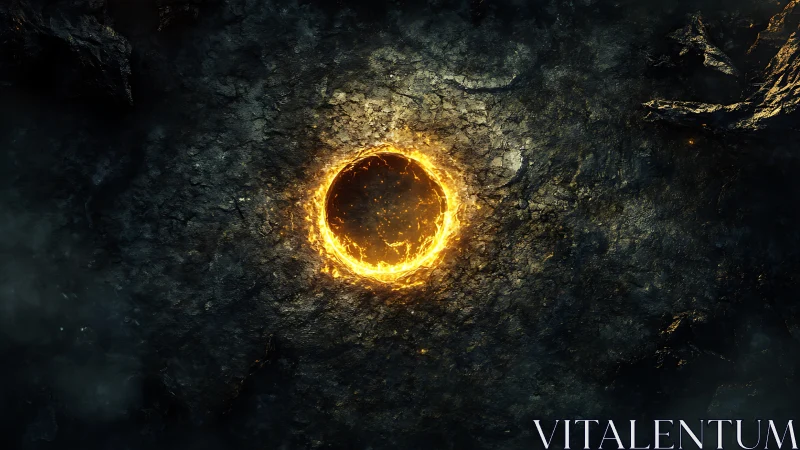 Glowing molten ring warms a dark, mysterious rocky world.