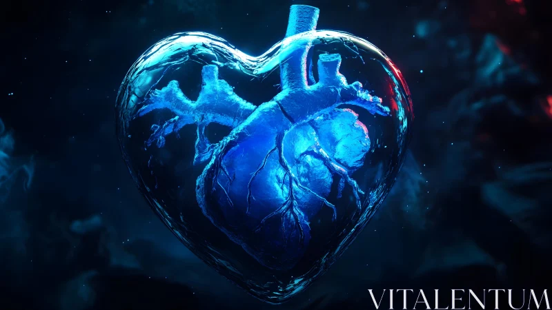Anatomical blue heart encased in ice, glowing digital art style. Anatomical blue heart encased in ice, glowing digital art style.
