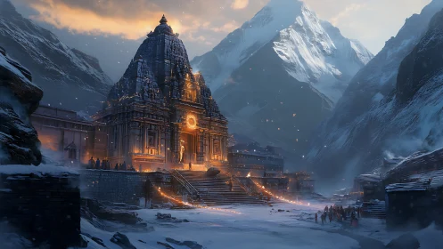 Mountain temple aglow with warm light in a snowy valley.