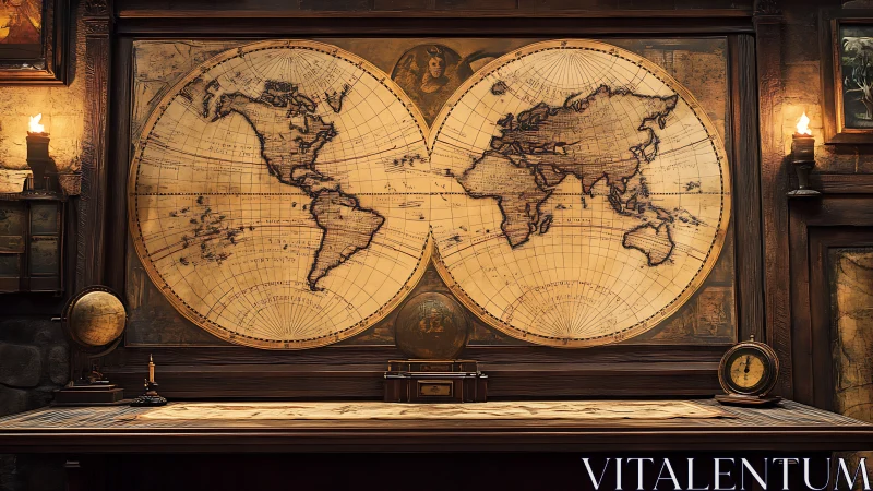 Cartographic observatory with twin vintage world projections.