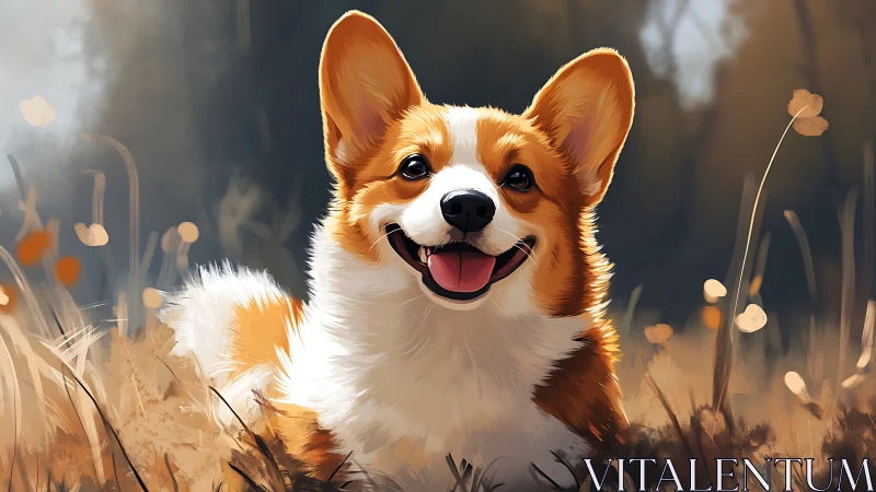 Corgi dog lies in dry grass with warm soft backlighting