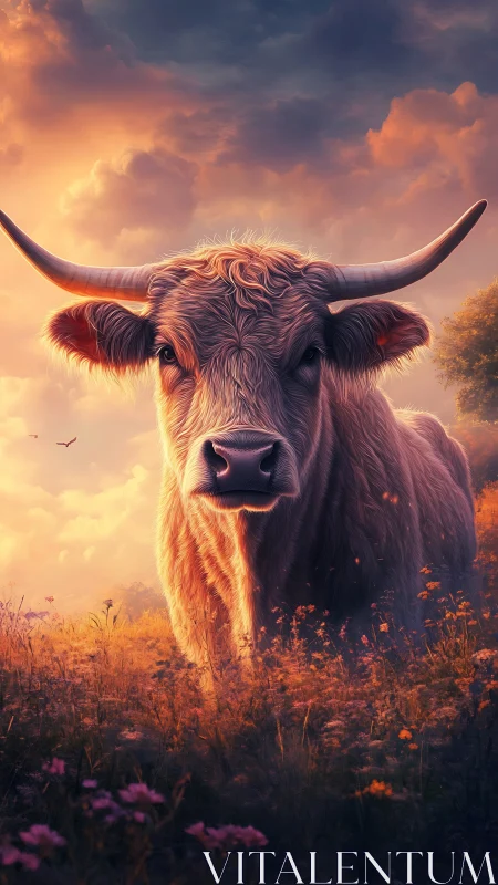 Sunlit highland cow stands calmly in a glowing meadow