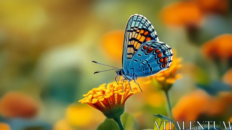 Blue butterfly on orange flower in soft garden light.
