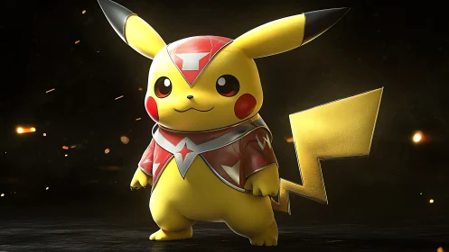 Armored yellow creature in red suit on dark glowing stage.