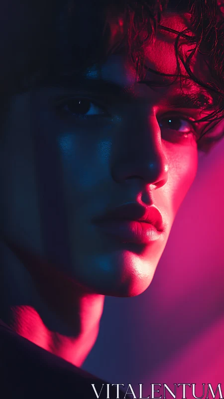 Neon-lit close portrait with dramatic magenta cyan split lighting.