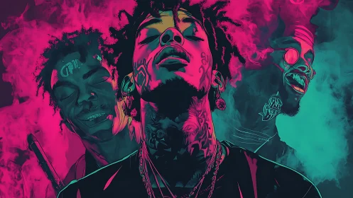 Neon lit hip hop trio emerges through vaporous magenta smoke
