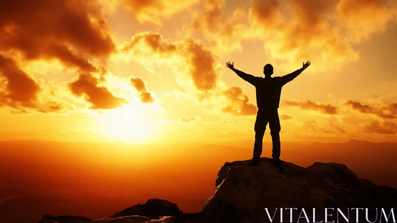 Silhouette of person on rocky peak against bright sunset sky.