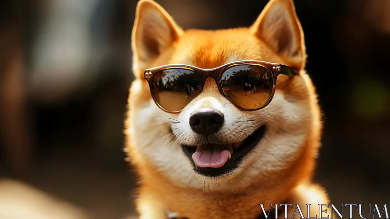 Shiba Inu dog wearing sunglasses in outdoor sunlight.