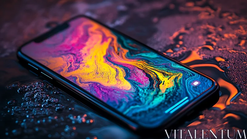 Neon liquid display on smartphone in macro cinematic focus.