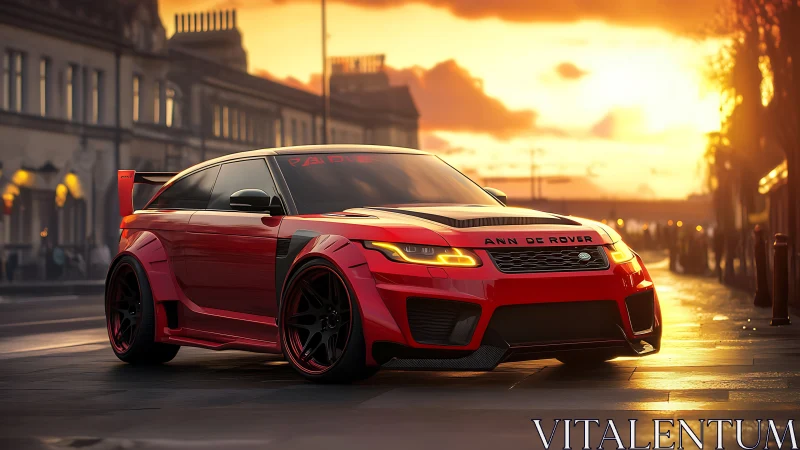 Crimson street predator prowling under molten sunset glow.