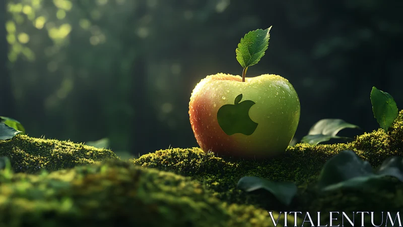 Sunlit dewy apple glows gently amid lush green forest moss