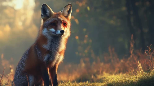 Photorealistic fox portrait in golden backlit woodland field.