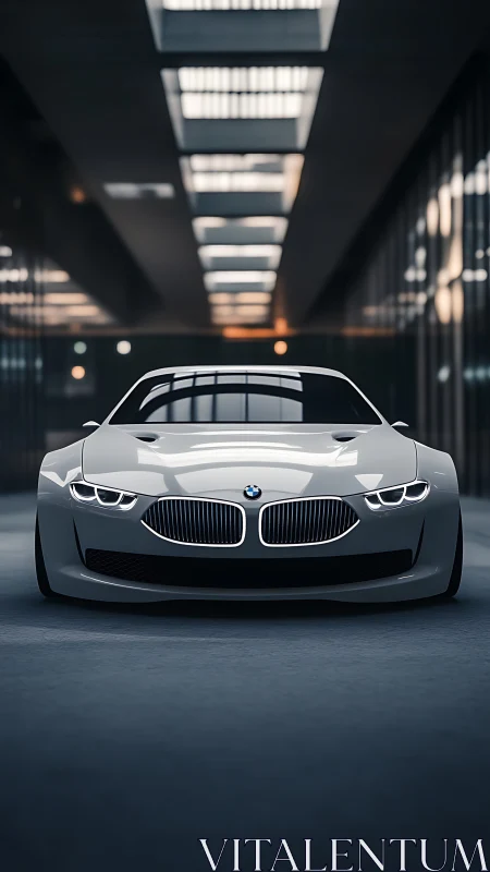 Futuristic BMW sports coupe in moody glass corridor light.