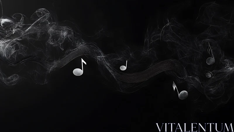 Monochrome musical notes dissolve into smoke against dark field