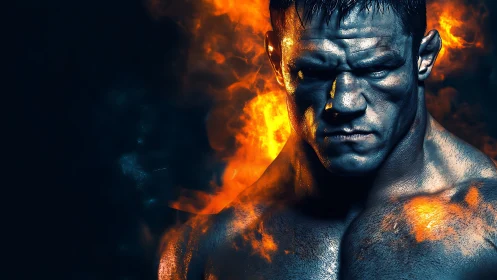 Intense muscular fighter portrait framed by vivid flames.