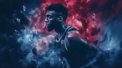 Storm-lit baller strides through red and blue wildfire skies.