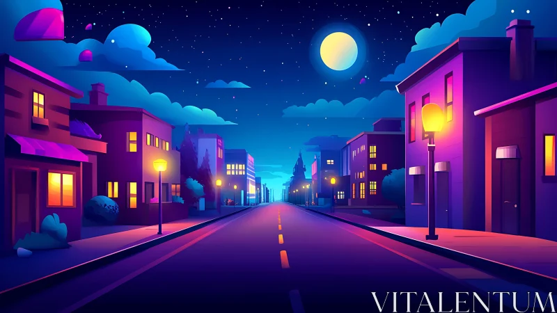 Moonlit neighborhood street glowing with cozy city lights.