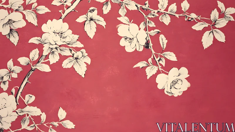 Monochrome floral branches extend diagonally across textured red field