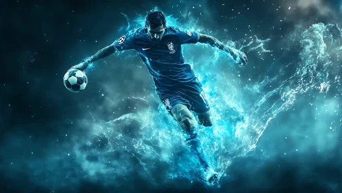 Digital rendering shows soccer player in motion with effects