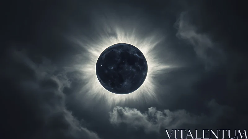 Midnight corona crowns a ghostly lunar eclipse haloed.