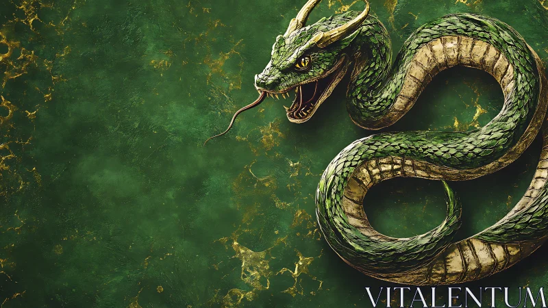Emerald horned serpent coils over marbled green ground.