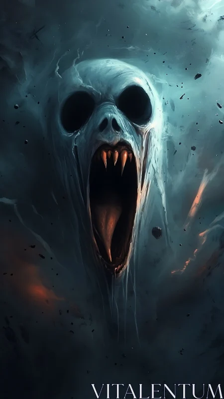 Ghostly screaming skull emerging from swirling darkness.