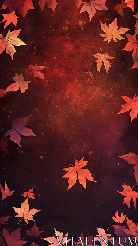 Crimson maple leaves drift across textured autumn sky.