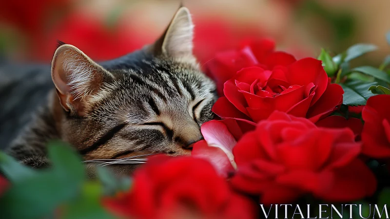 Tabby Cat Examining Red Roses in Garden Setting