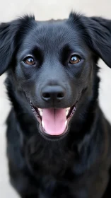 Close frontal portrait of black dog with open mouth.