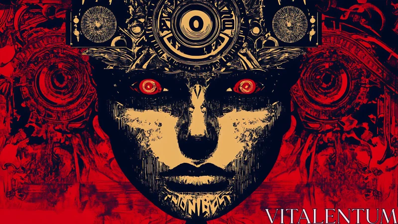 Cybernetic human face with mechanical halo in red field.