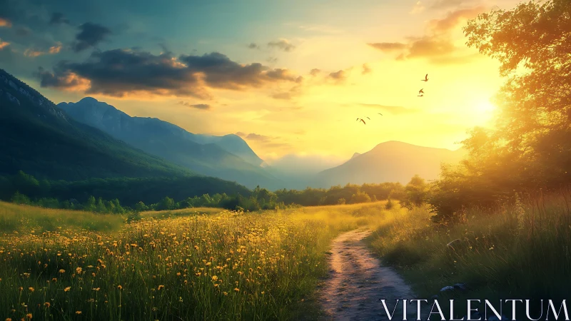 Mountain valley path under low sun with cloud and bird forms.