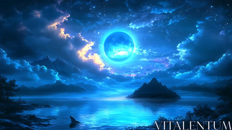 Moonlit fantasy ocean glows softly around a distant island