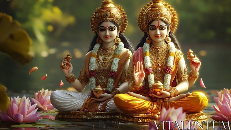 Twin golden goddesses on lotus lake with ceremonial kalash