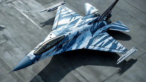 Sleek camouflaged fighter jet rests ready on the runway