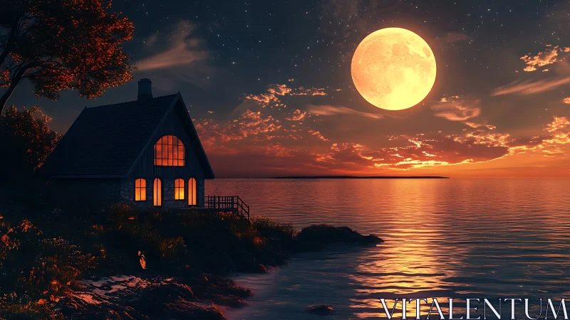 Littoral cottage under oversized lunar disk at twilight convergence.