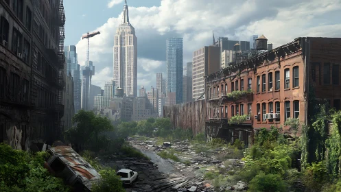 Post-apocalyptic urban canyon with overgrown ruined avenue